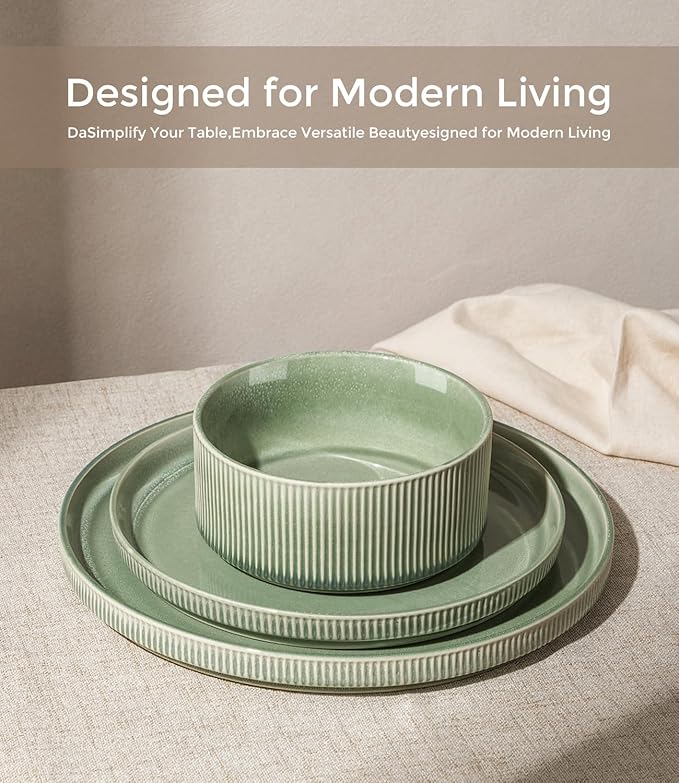GBHOME 24-Piece Stoneware Dinnerware Set for 8 – Ribbed Ceramic Plates and Bowls, Scratch-Resistant, Microwave & Dishwasher Safe, Reactive Glaze, Light Green