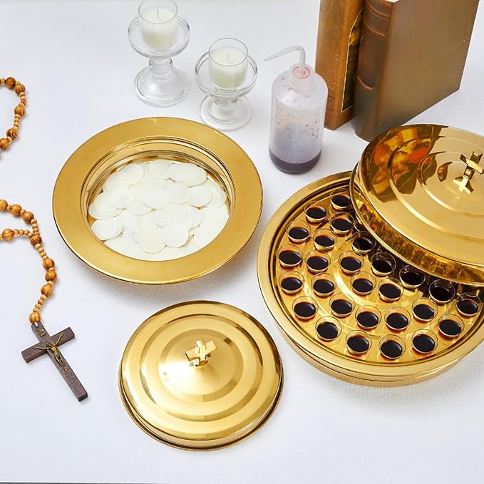 Zhehao 2 Pcs Communion Set Holy Trays for Churches with Lid Communion Plates with Lid Churches Cups Filler and Disposable Cups Supplies (Gold)