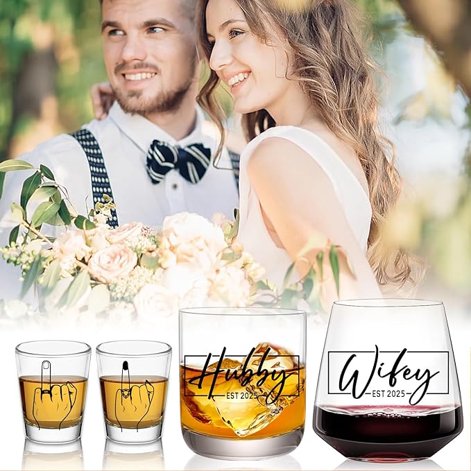 Wedding Gifts 2025 -Hubby & Wifey Wine&Whiskey Glass Set,Mr and Mrs Gifts - Anniversary Wedding Gift for Couple,Unique Bridal Shower Gift,Bride and Groom Shot Glasses