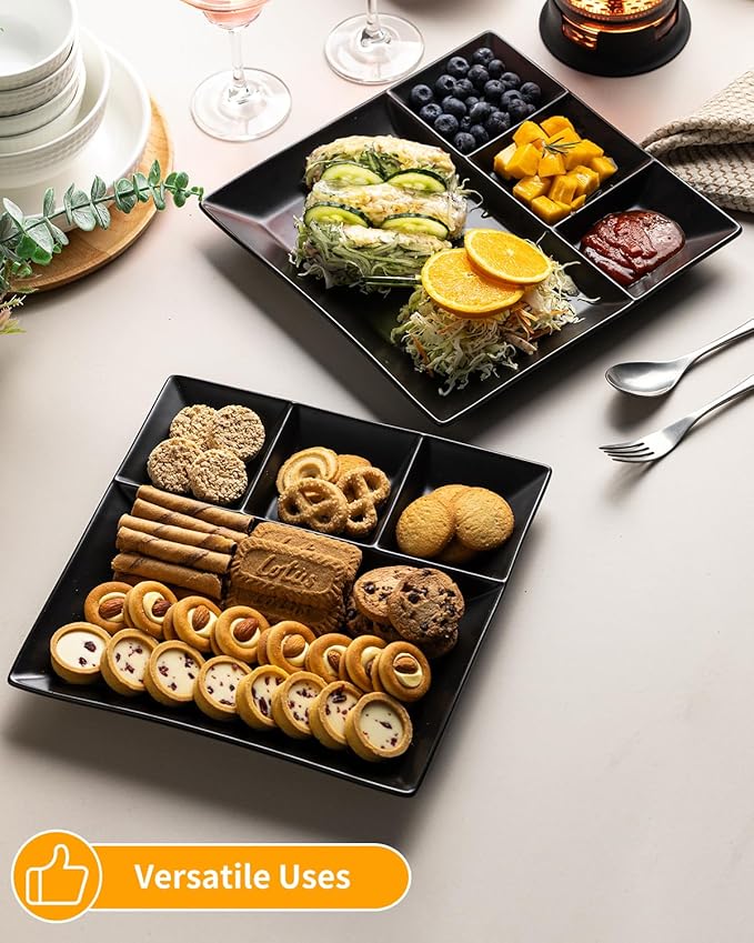 LAUCHUH Divided Serving Platters, 11 x 11 inch Porcelain Chip & Dip Serving Set Dinner Serving Tray 4 -Compartment Serving Dishes for Christmas, Candy, Nuts,Veggies, Snacks and Sauce, Black