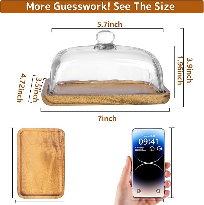 1 Pack Rectangular Wooden Cake Stand with Glass Dome,Small Cake Plate Holder with Clear Glass Bell,Cake Display Server Tray for Kitchen,Birthday Parties,Weddings,Baking Gifts (4.6 x 7in)