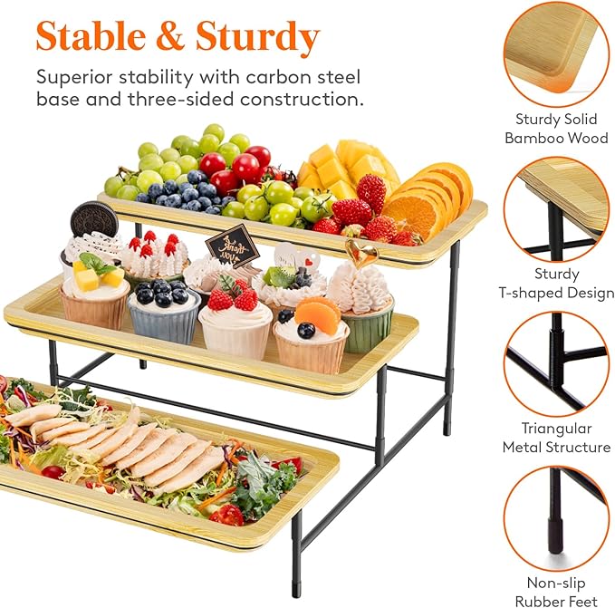 Lifewit 3 Tier Bamboo Serving Tray for Party Supplies, 14" x 6.5" Platters for Serving Food, Reusable Trays with Black Metal Display Stand for Veggie, Fruit, Cookies, Dessert