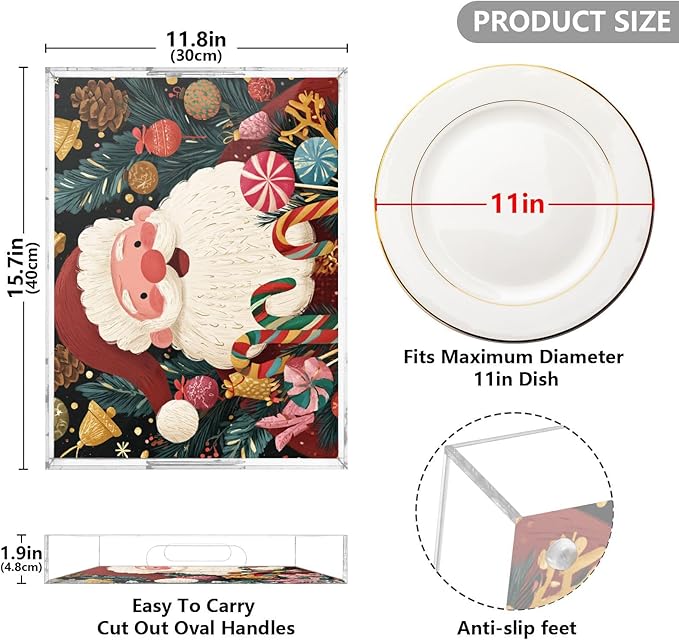 Serving Tray with Handles Clear Acrylic Tray 12x16 Inch Decorative Rectangular Tray Organizer for Ottoman Coffee Table Bathroom Santa Claus Lollipop Baubles