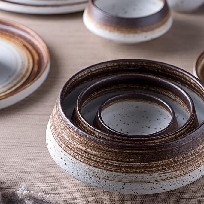 Ceramic Dinnerware Set, Dishes Set, 22 Pcs Brown Gradient Plates and Bowls Sets, Tableware Combination Set, Handpaint Spiral Texture Dinner Set with Glaze Dot, Service for 4
