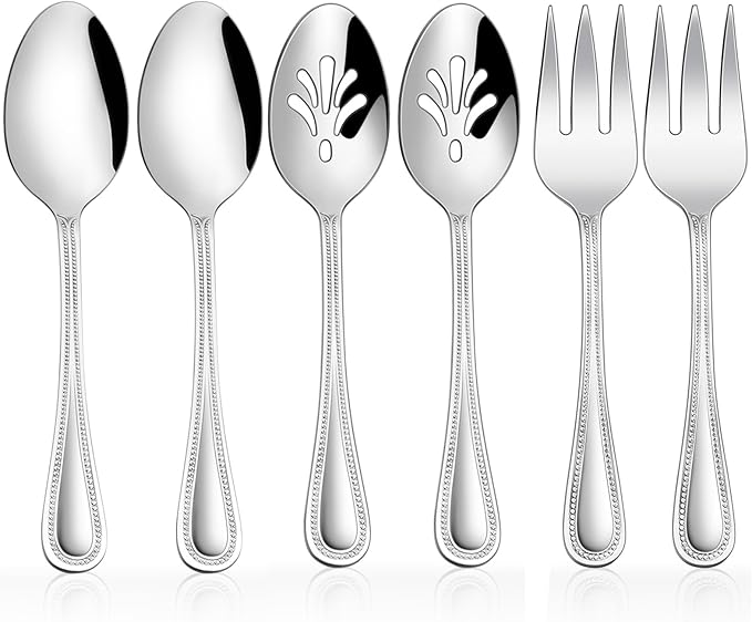 HaWare 6 Pieces Serving Set, Stainless Steel Silverware Serving Utensils, Pearled Edge Hostess Silverware for Buffet Party Kitchen Restaurant, Mirror Finished & Dishwasher Safe