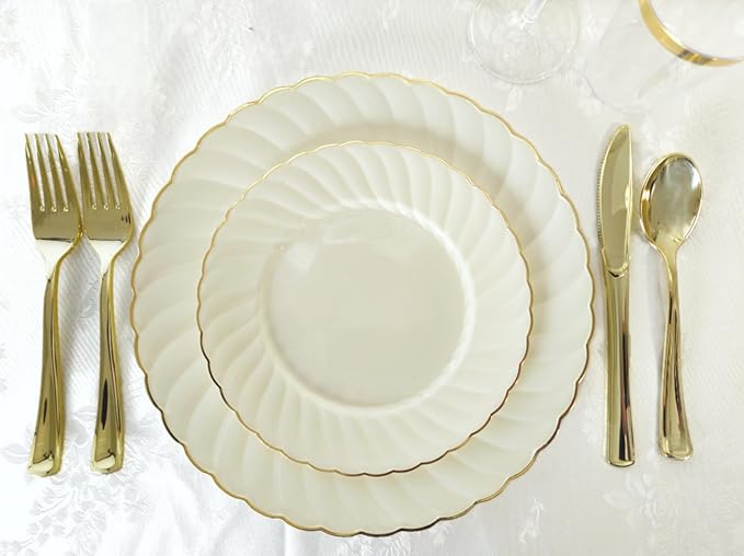 " OCCASIONS " 240 Plates Pack,(120 Guests) Vintage Wedding Party Disposable Plastic Plates Set -120 x 10.25'' Dinner + 120 x 7.5'' Salad/Dessert (Blossom Ivory/Gold)