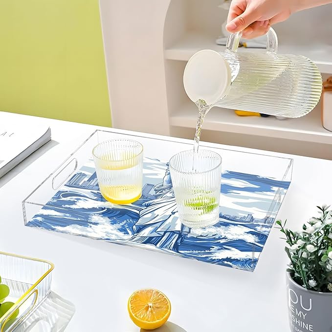 Serving Tray with Handles Clear Acrylic Tray 12x16 Inch Decorative Rectangular Tray Organizer for Ottoman Coffee Table Bathroom Statue of Liberty New York Skyline Waves Blue