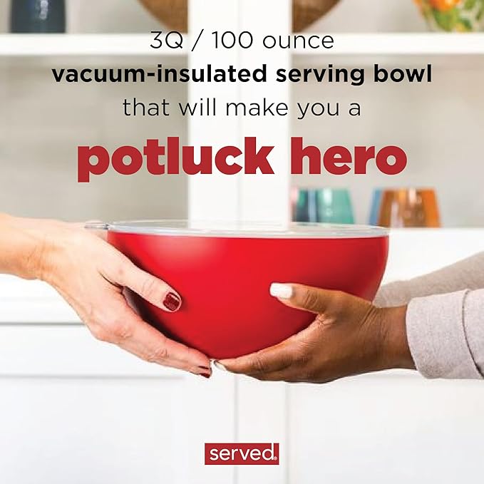 served Large Insulated Serving Bowl with Lid (100oz/3QT) - Double-Walled Stainless Steel Bowl for Hot & Cold Food - Vacuum Insulated, Spill-Resistant Thermal Bowl for Parties, Casseroles, Tailgates