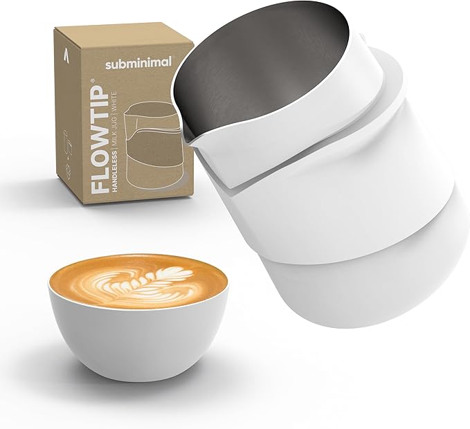 Subminimal FlowTip Handless Jug - Stovetop Milk Frothing, Foaming Pitcher for Barista-Style Coffee - Cappuccino & Latte Art Pouring Jug with Heat Resistant Handle - 450ml, White