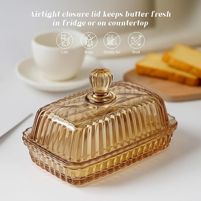 Champagne Color Glass Butter Dish with Lid, Covered Butter Stick Holder Tray, Crystal Glass Butter Storage Container for Kitchen Countertop