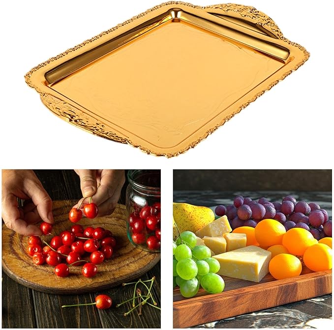 Decorative Fruit Tray Serving Platter Handcrafted Wearproof Drop Resistant Rectangle Plate Fruit Plate for Home Restaurant, Gold, Medium