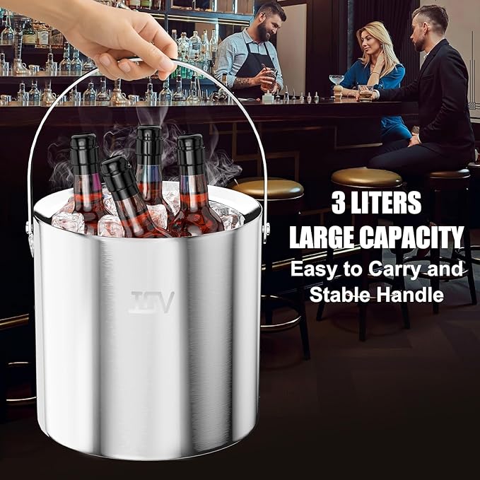 IOV Ice Bucket with Lid, Scoop, Tongs, and Strainer, 3 L Stainless Steel Double Wall Insulated Ice Bucket for Parties, Keeps Ice Frozen Longer, Ideal for Cocktail Bars, Freezers, and Wine - Silver