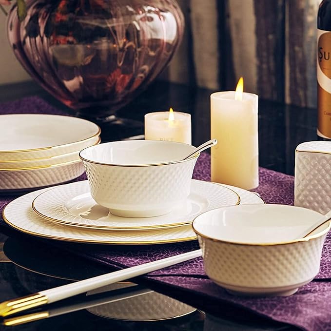 ERoomQ Dinnerware Set Dinner Party Tableware Service Set High-End Dinner Set, Ceramics Dinner Set, 58 Pieces Relief Bone China Dinnerware Sets | Porcelain Steak Plate and