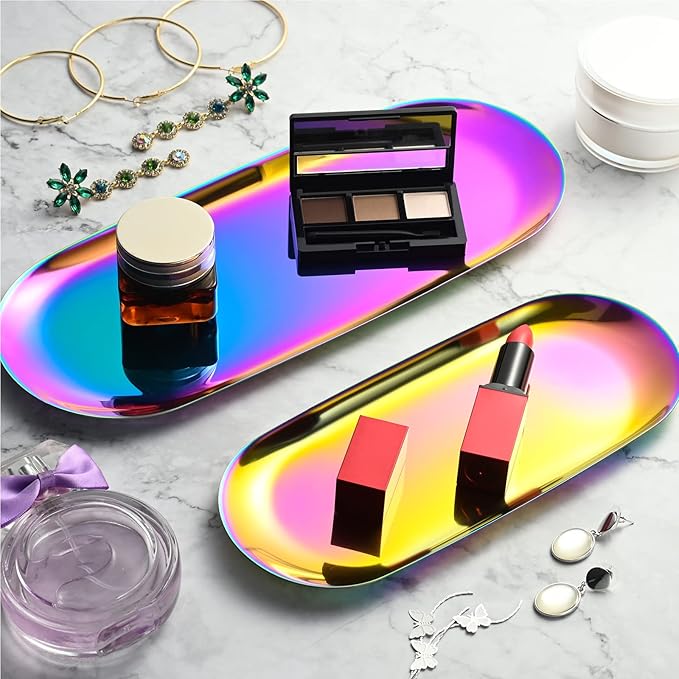 Oval Stainless Steel Tray Decor for Coffee Table Living Room,Bathroom Accessory Vanity Tray,Jewelry Dish Aesthetic,Perfume & Makeup Tray,Serving Platter,Display Tray.30cmX12cm.Colorful,2Piece.