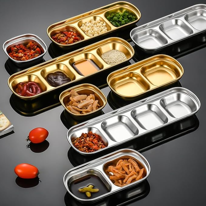 3 Piece Stainless Steel Sauce Tray, Divided Dipping Tray, 3 Compartment Appetizer Serving Tray for Sauce, Ketchup, Dressing, Silver, 8 X 3 Inches (3 Compartments in Gold Color)