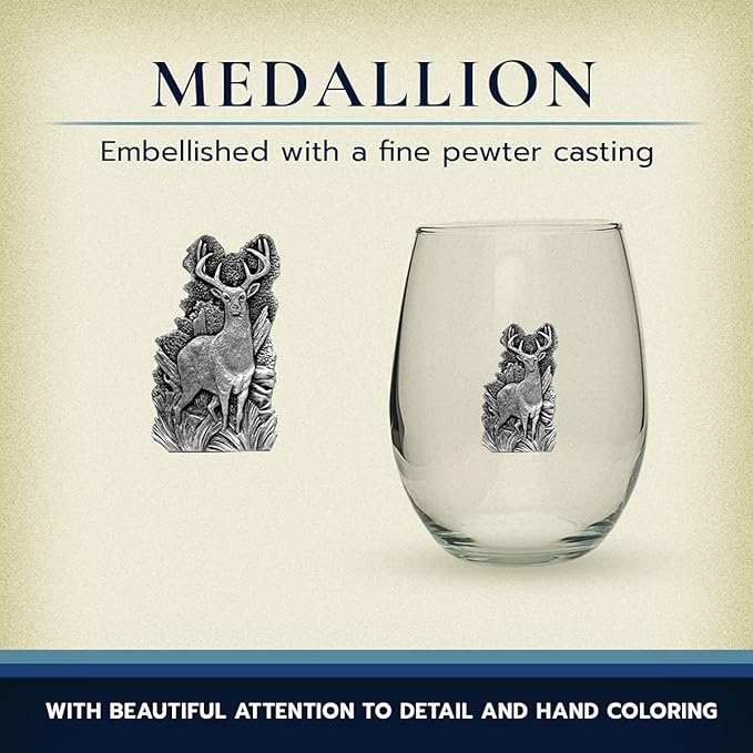 Heritage Pewter Whitetail Deer Stemless Glass Goblets – Set of 2 | 15 OZ Goblet Wine Glasses | Expertly Crafted Pewter Glass
