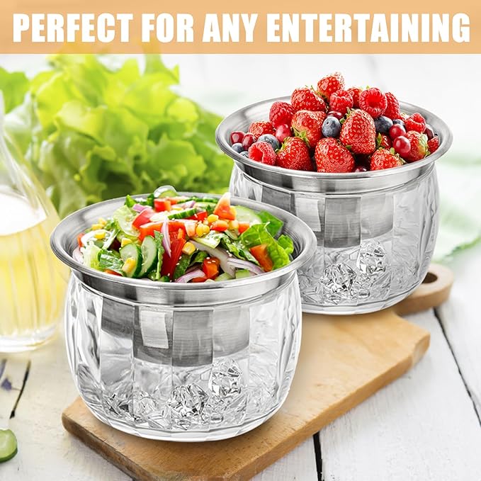 ZENFUN 2 Pack 20 Oz Chilled Dip Bowl with Acrylic Ice Bowl Base, Stainless Steel Ice Chilled Serving Dish Iced Salad Bowl Set for Chilled Pasta, Potato, Dressing, Fruit