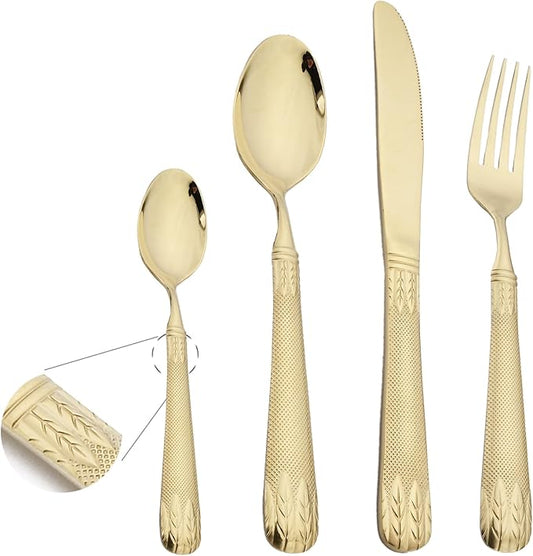 JASHII 304 Stainless Steel Hammered Silverware Set with Wheat Spike Pattern, Modern Eating Tableware Flatware Set, Service for 6. Flat Handle, Dishwasher Safe - Shiny Champagne Gold