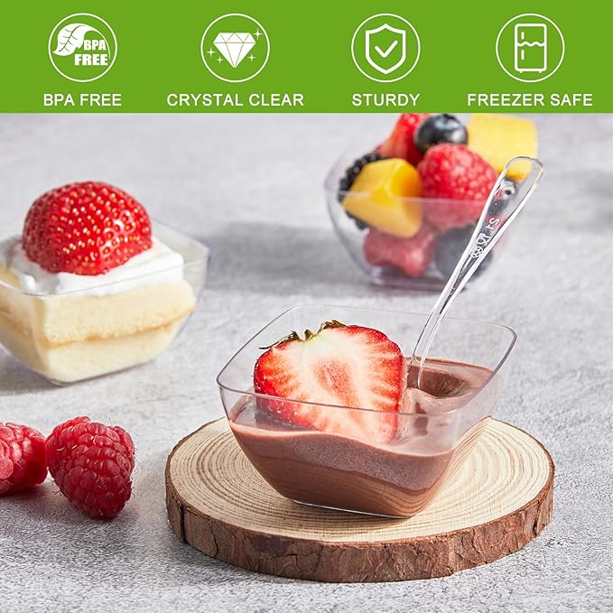 Zezzxu 100 Pack 2 oz Mini Dessert Cups with Spoons, Clear Plastic Reusable Small Square Party Serving Tiny Bowls for Individual Appetizers, Trifle, Cheesecake, Hors D'oeuvres