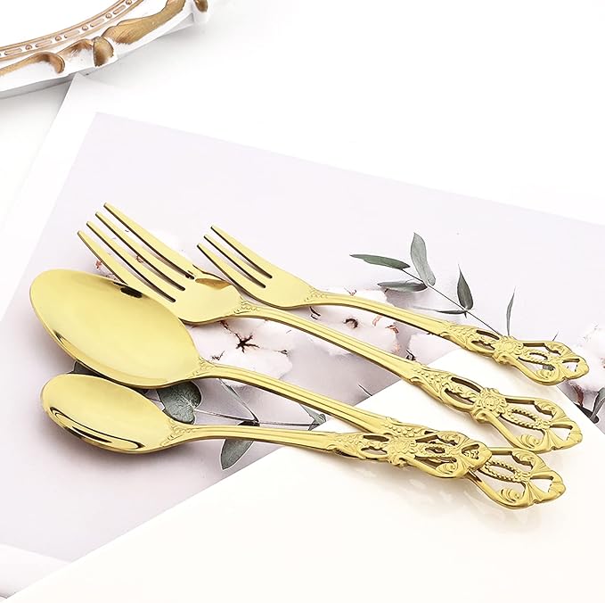Elegant 32-Piece (4 Set) Retro Flatware Set, Stainless Steel Cutlery Set - Complete Eating Tableware Serving Set, Dishwasher Safe, Shiny Mirror Polish (Champagne)