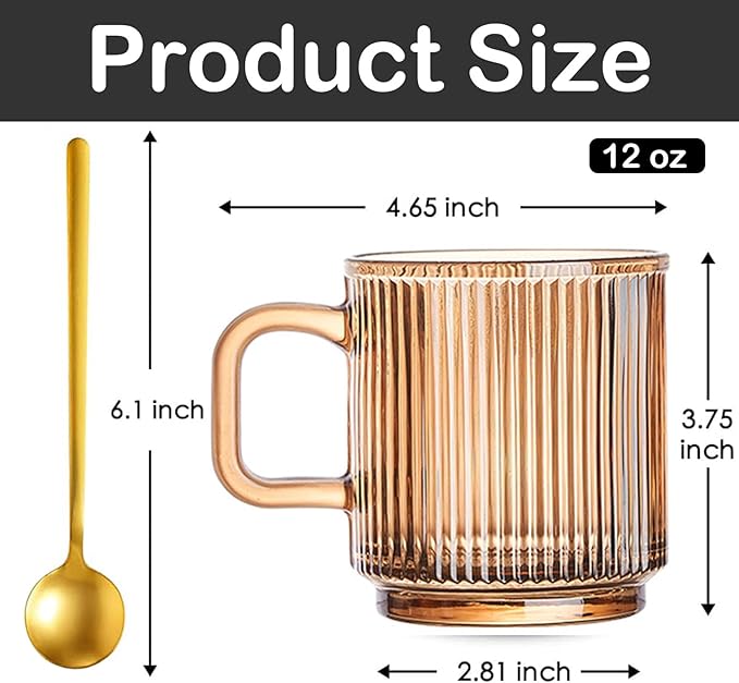 HMWEB Glass Coffee Mug Espresso Cups for Coffee 12 oz Classical Vertical Stripes Glass Tea Cups Transparent Glasses for Latte Juice Chocolate Gift