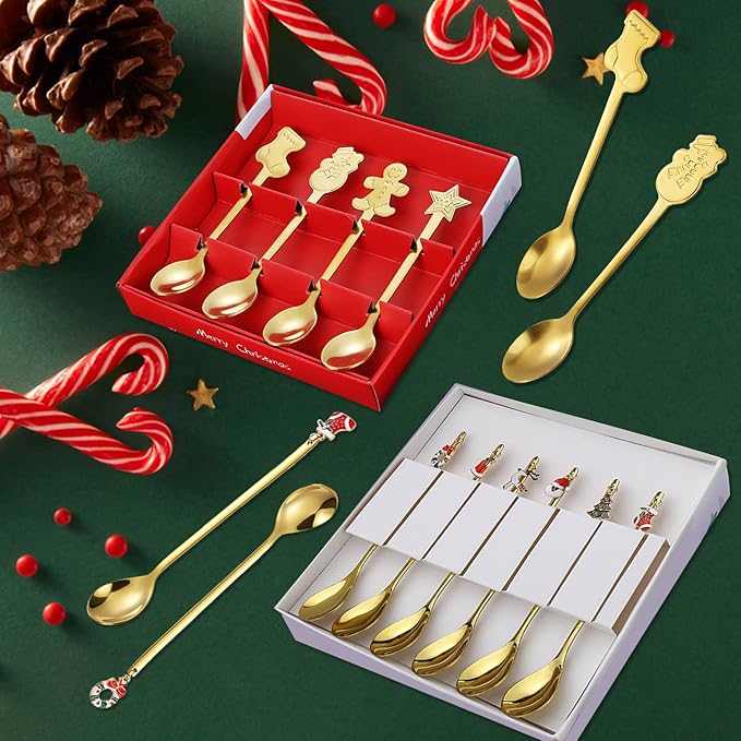 10 Pieces Christmas Stirring Spoons Stainless Steel Coffee Dessert Teaspoons Christmas Tableware Spoons for Xmas Party Table Decorations