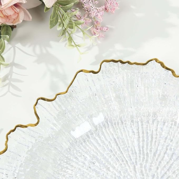 13" Charger Plates - Set of 12 - Acrylic Clear/Gold Round Reef Disposable Chargers, Ideal for Dinner Party Wedding Holiday Bulk Events
