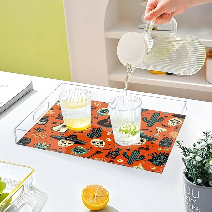 Serving Tray with Handles Clear Acrylic Tray 12x16 Inch Decorative Rectangular Tray Organizer for Ottoman Coffee Table Bathroom Deep Orange Day of The Dead Skull Cactus