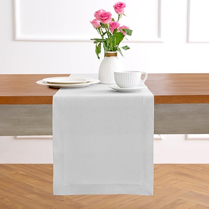 Solino Home Linen Table Runner 60 Inches - 100% Pure Linen Silver Cloud Table Runner 14 x 60 Inch Ideal for Dresser and Coffee Tables - Fete