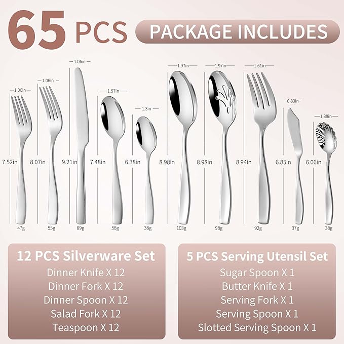 65-Piece Heavy Duty Flatware Set for 12, 18/10 Stainless Steel Silverware Set and Serving Utensils Set, Dishwasher Safe, Weighted Silverware Knife Fork and Spoon Set