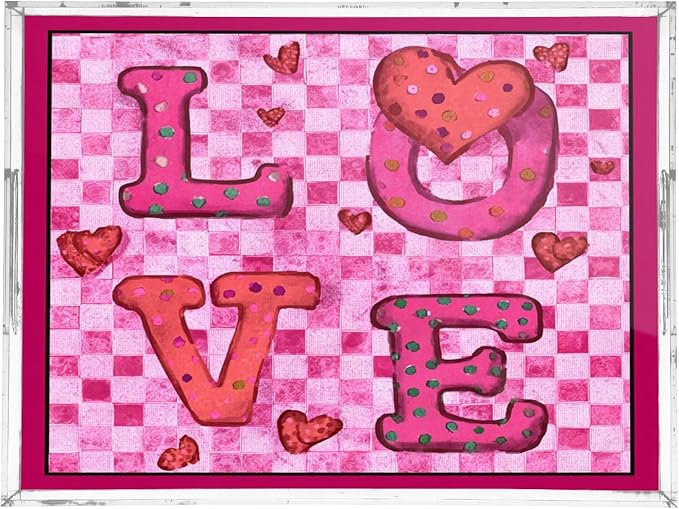 Serving Tray with Handles Clear Acrylic Tray 12x16 Inch Decorative Rectangular Tray Organizer for Ottoman Coffee Table Bathroom Pink Checkered Valentine Love Hearts