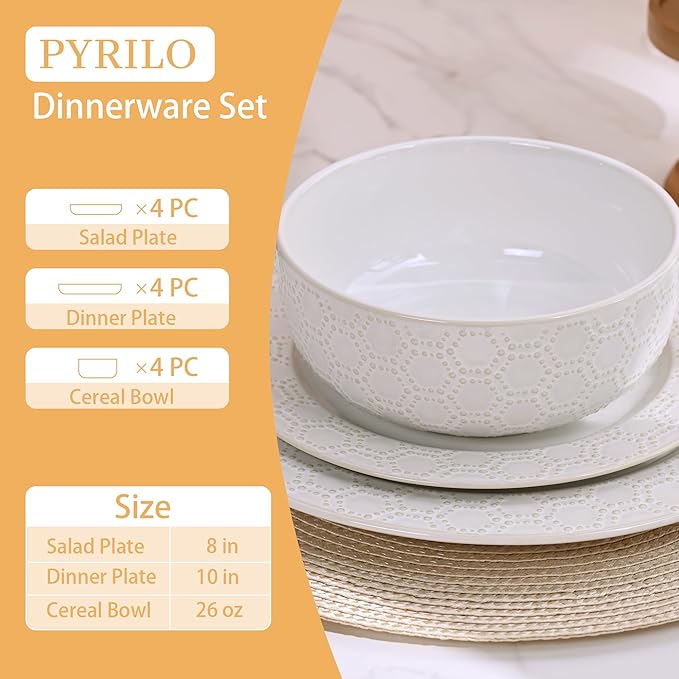 4 Different Embossed Ceramic Dinnerware Set for 4 - Arctic White Vintage Plates & Bowls Set 12 Piece - Microwave & Dishwasher Safe Porcelain Chip Resistant Handmade Dishware Set Kitchen Gift