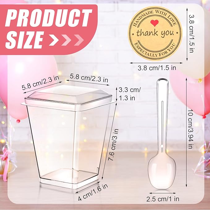 Sieral 100 Pack Plastic Dessert Cups with Lids and Spoons, Mini Clear Yogurt Parfait Cups with Stickers Small Appetizer Container for Fruit Pudding Shooter Party Wedding Halloween Christmas(Square)