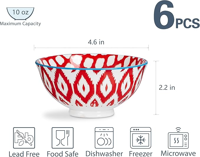 ONEMORE 10 oz Porcelain Cereal Bowls Set of 6 - Ceramic Bowls for Soup, Ice Cream, Breakfast - Microwavable Dishwasher & Oven Safe, Small Dinner Bowl, Stackable Artistic Bowl- Assorted Colors