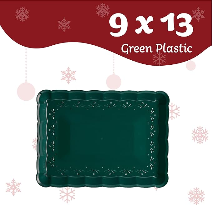 Plasticpro Plastic Christmass Green Serving Trays - Serving Platters Rectangle 9X13 Disposable Party Dish Includes 12