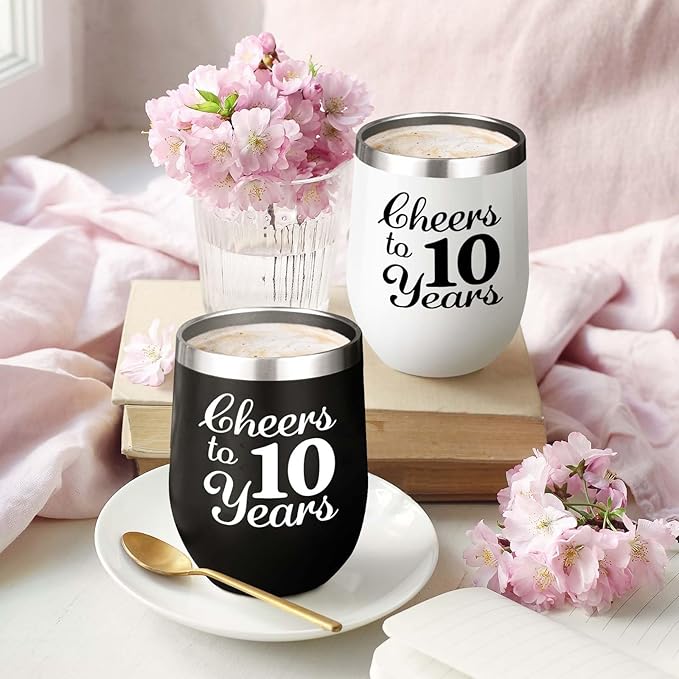 10th Anniversary Wedding Gifts for Couple Wife Husband Gifts for Tin Wedding Ten Years Anniversary Decorations 10 Years Marriage Gifts for Couple 2 Pack Wine Tumbler 12 OZ