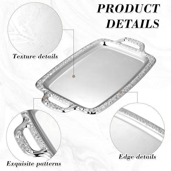 Cabilock Elegant Rectangular Silver Tray Mirrored Tray for Whiskey Decanter Candlesticks Vanity Perfume and Snack Bread Breakfast Fruit Serving Dish
