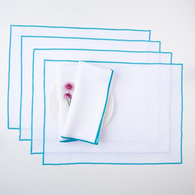 D'Moksha Homes White Linen Placemats with Blue Embroidered Trim, Set of 4-14 x 19 Inch, 100% Pure Linen Cloth Placemats White & Blue for Dining, Christmas, Holiday, New Year - Machine Washable