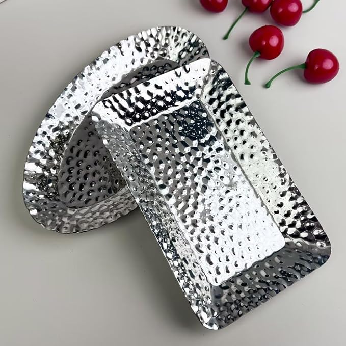 Mini Serving Platter Stainless Steel Serving Tray Hammered Square 6.3 x 4 Inch Small Dessert Plates Coffee Table Tray Decorative Plates for Kitchen Party Silver