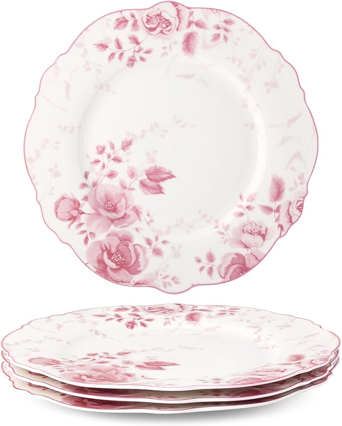 fanquare Pink Floral Dinner Plate Sets of 4, 10.5 Inch Large Round Porcelain Pasta Appetizer Steak Serving Dishes for Microwave & Dishwasher Safe