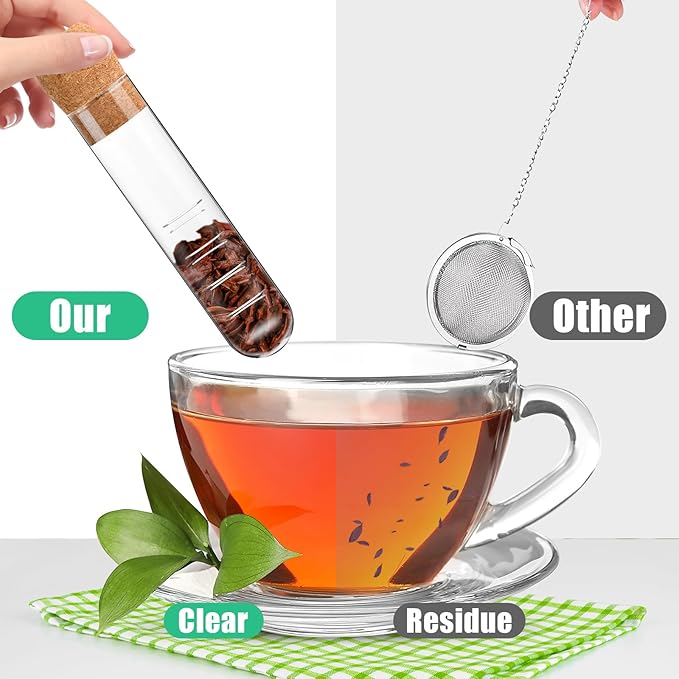6 Pcs Glass Tea Infuser with Cork, Clear Tea Strainer, Reusable Tea Steeper for Loose Tea, Fits for Cups, Mugs and Teapots Portable for Travel, Home, Office