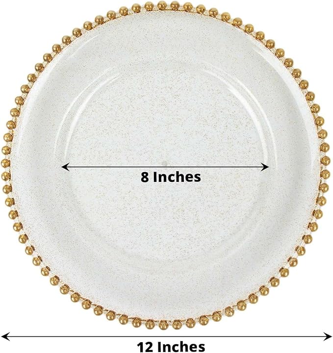 Efavormart 12-Pack Acrylic Charger Plates 13" Round Clear Gold Glittered with Beaded Rim - Decorative Dinner Party Serving Plates