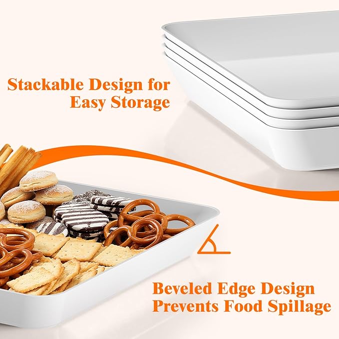 4-Pack Serving Tray Set, Reusable Plastic Serving Platter for Party Supplies, Entertaining, Grilling Accessories, Stackable Kitchen Snack Box Container for Dessert, Fruit, Cookie, (White)