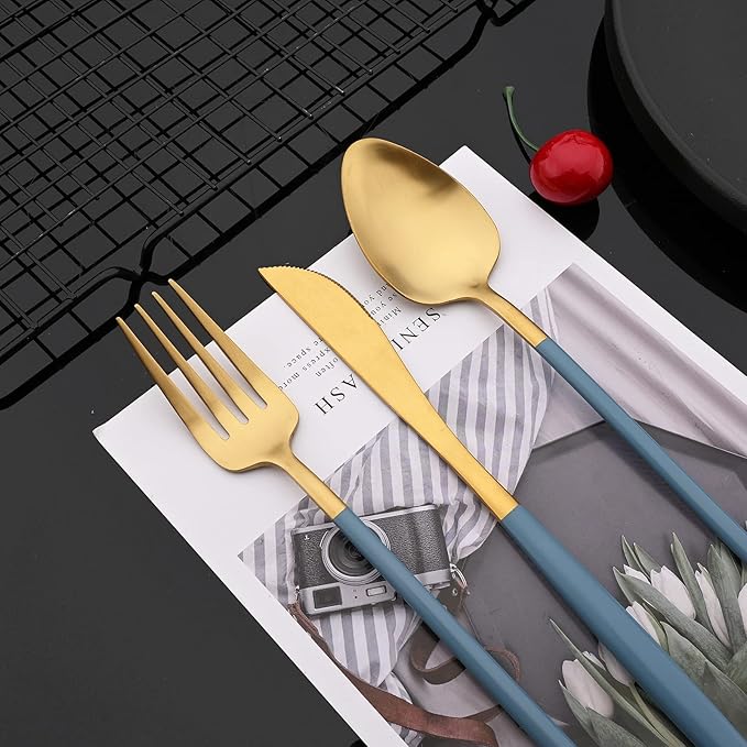 JASHII Matte Blue and Gold Silverware Set, 304 Stainless Steel Flatware Set Service for 4, Tableware Cutlery Set for Home Restaurant Party, Dinner Forks/Spoons/Knives, Slim Handle, Dishwasher Safe