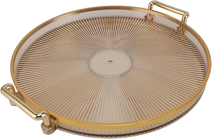 Dioche Elegant Round Serving Tray with Gold Handle and Golden - Multifunctional Display Tray for Fruits, Desserts, Snacks, and Decor (Amber)