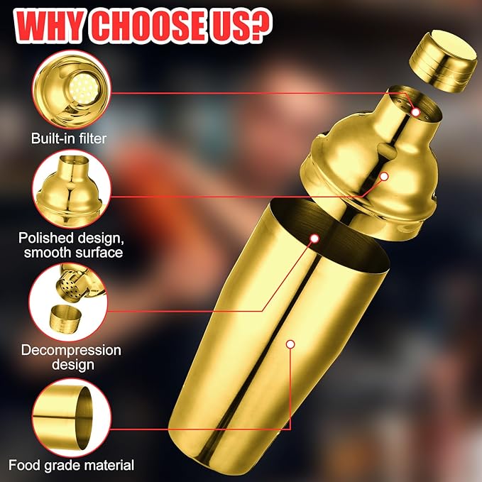 Nitial 6 Pcs Bar Cocktail Shaker Professional Stainless Steel Martini Drink Mixer Built-in Strainer for Bartending No Leaks Shaker for Bar Party Drink Mixer (Gold,25 oz)