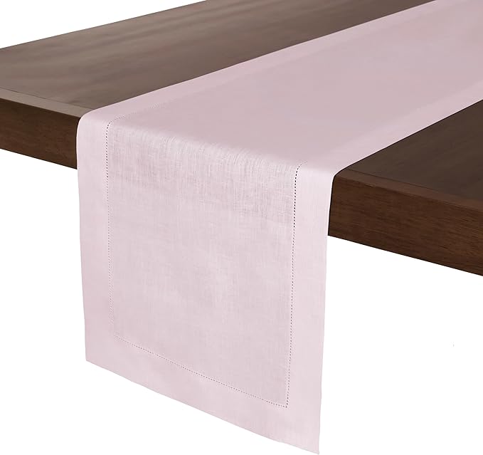 D'Moksha Homes Linen Pastel Pink Table Runner 72 Inches Long - 100% Pure Linen Hemstitch Table Runner 14 x 72 Inch for Dresser, Dining, Winter, Christmas, Holiday, New Year - Classic Hemstitch