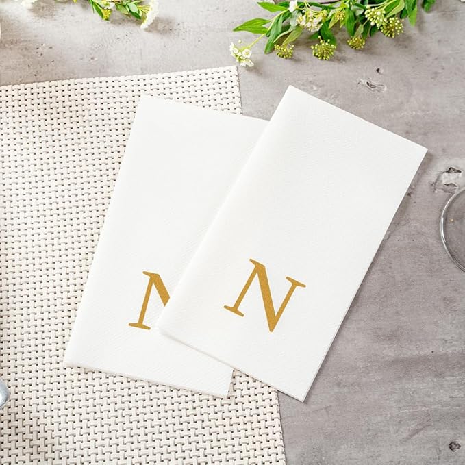 Luxenap 15.8 X 7.9 Inch Linen-Feel Guest Towels, 50 Lettered Hand Towels - Gold Letter 'N', Sans Serif Font, White Paper Dinner Napkins, airlaid, For Restrooms And Tables