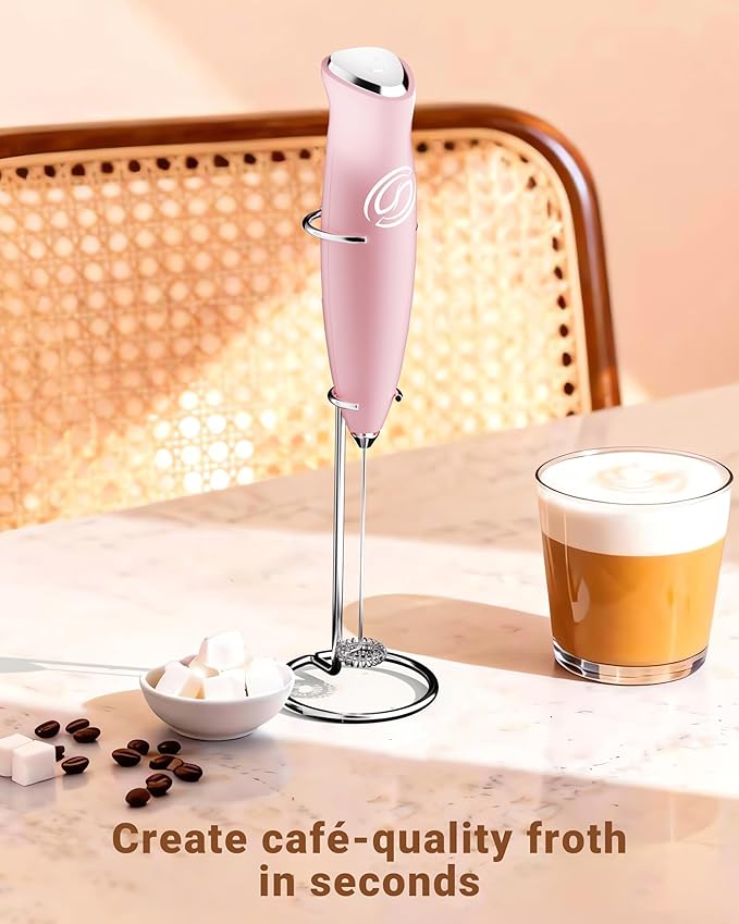 Milk Frother With Stand Handheld Frother Wand Drink Mixer Handheld Coffee Stirrers Electric Frother for Coffee Mixer Wand with 2 Whisk frother for protein powder-Pink