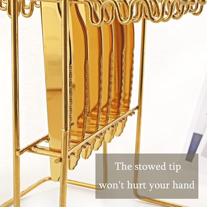 24 Pieces Mirror Gold Flatware Set With A Cutlery Stand, Hanging Silverware With Round Wooden Handle Include Knife/Fork/Spoon/Teaspoon, Service For 6